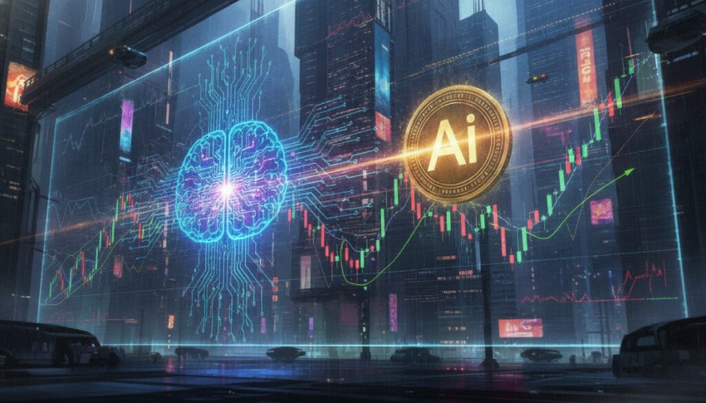 Иллюстрация искусственного интеллекта на фоне финансовых графиков