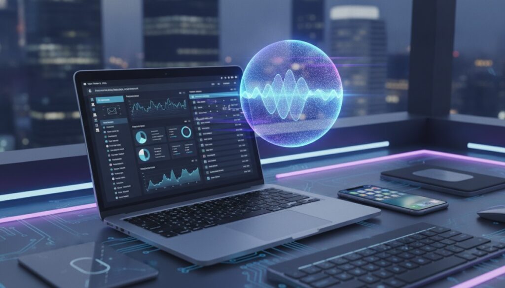 Голографический логотип обновленной Siri над MacBook и iPhone, символизирующий мощный искусственный интеллект для работы.