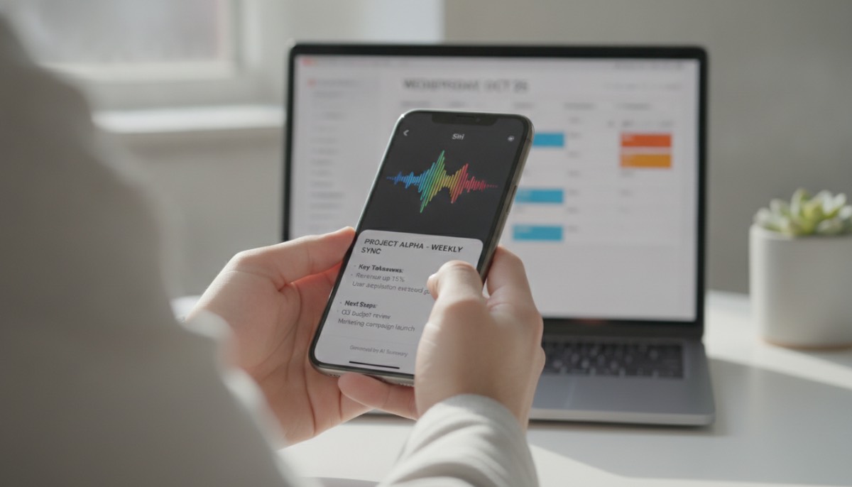 Человек использует новую Siri AI на iPhone для быстрого создания выжимки из длинной деловой переписки.