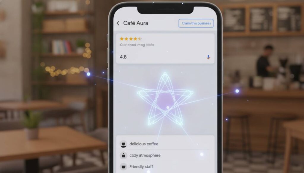 Смартфон с открытым приложением Google Business и логотипом нейросети Gemini на фоне уютной кофейни.