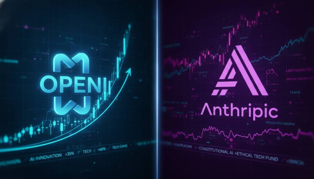 Графики роста акций и логотипы OpenAI и Anthropic на фоне цифровых данных
