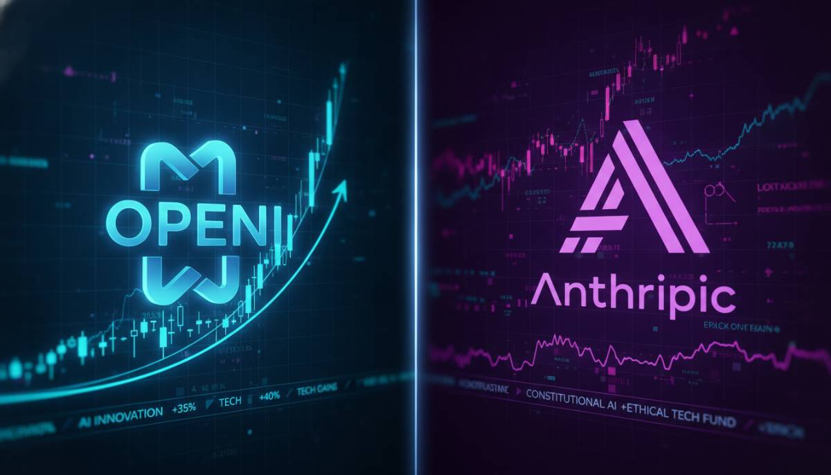 Противостояние гигантов ИИ на фондовом рынке Графики роста акций и логотипы OpenAI и Anthropic на фоне цифровых данных