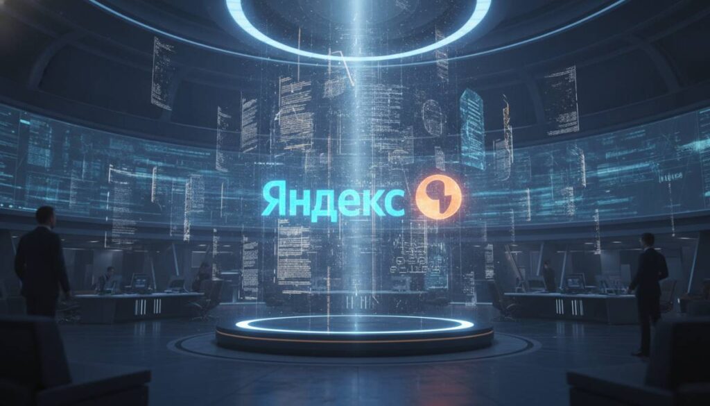 Голографические документы и логотип Яндекса в футуристичном стиле.