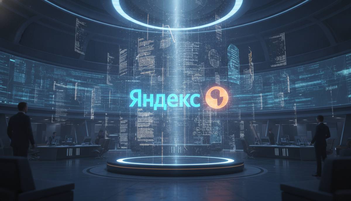 Голографические документы и логотип Яндекса в футуристичном стиле.