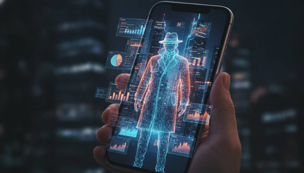 Неоновый робот-детектив анализирует бизнес-данные на экране смартфона