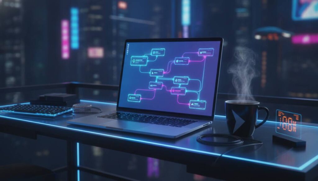 Ноутбук с открытым интерфейсом автоматизации n8n на столе фрилансера