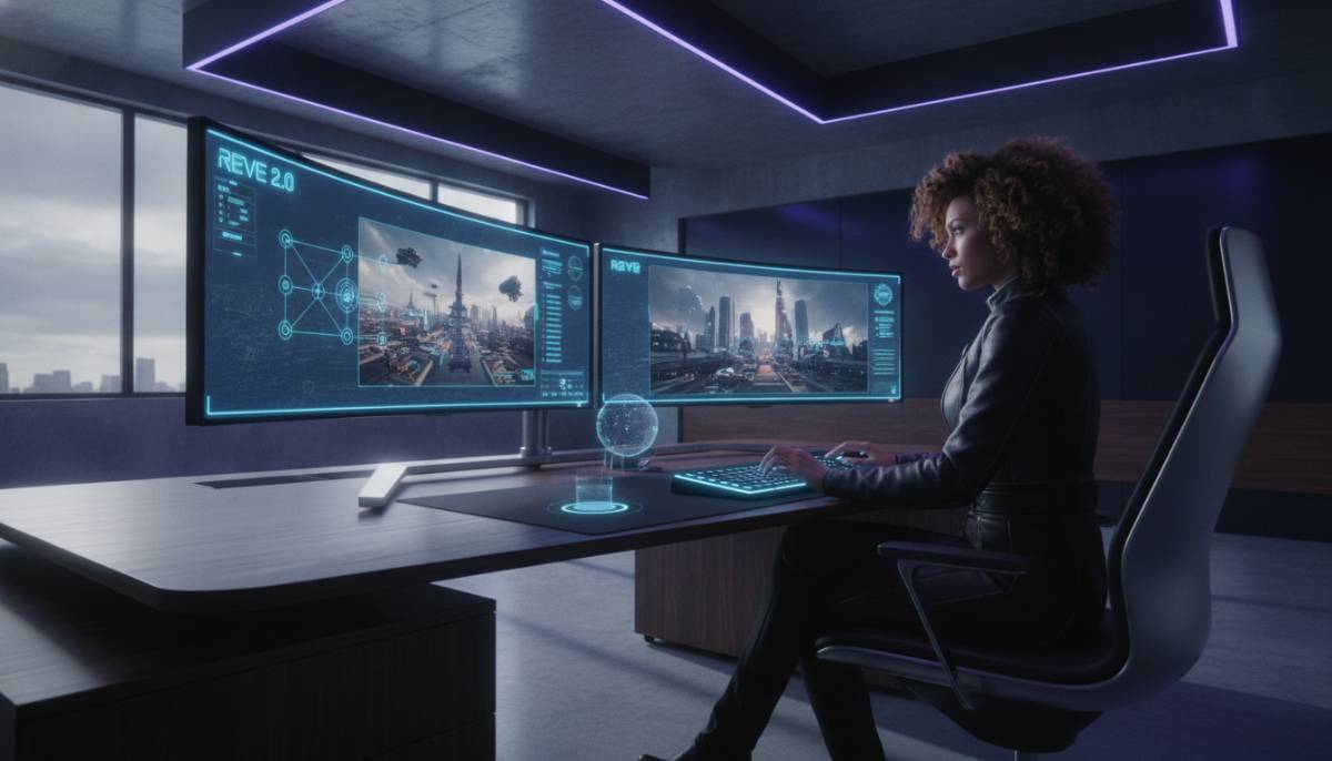 Профессиональный дизайнер редактирует макет в 4K с помощью нейросети на современных мониторах.