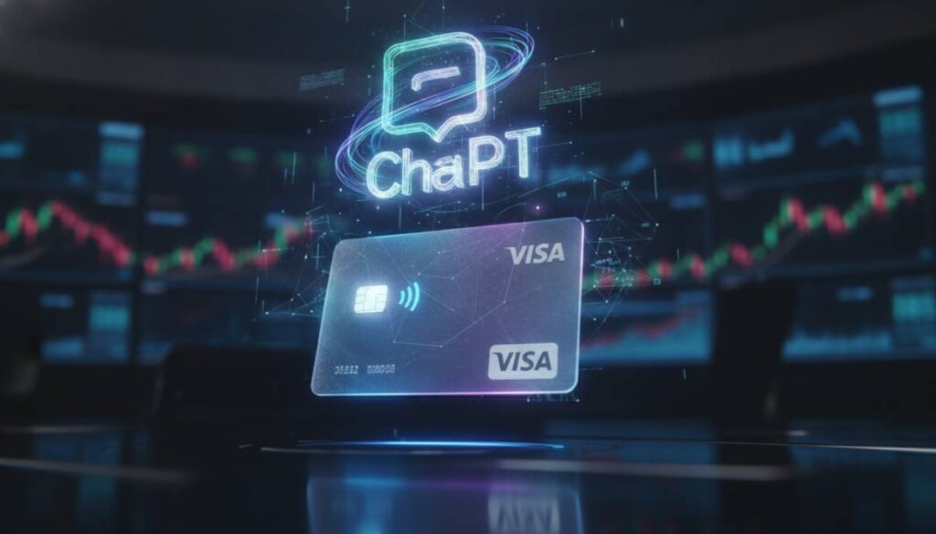 Футуристичная банковская карта Visa и логотип ChatGPT на фоне цифровых транзакций