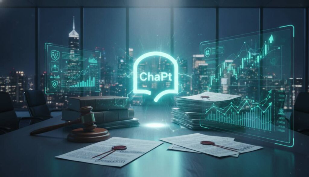 Логотип ChatGPT на фоне юридических документов и биржевых графиков