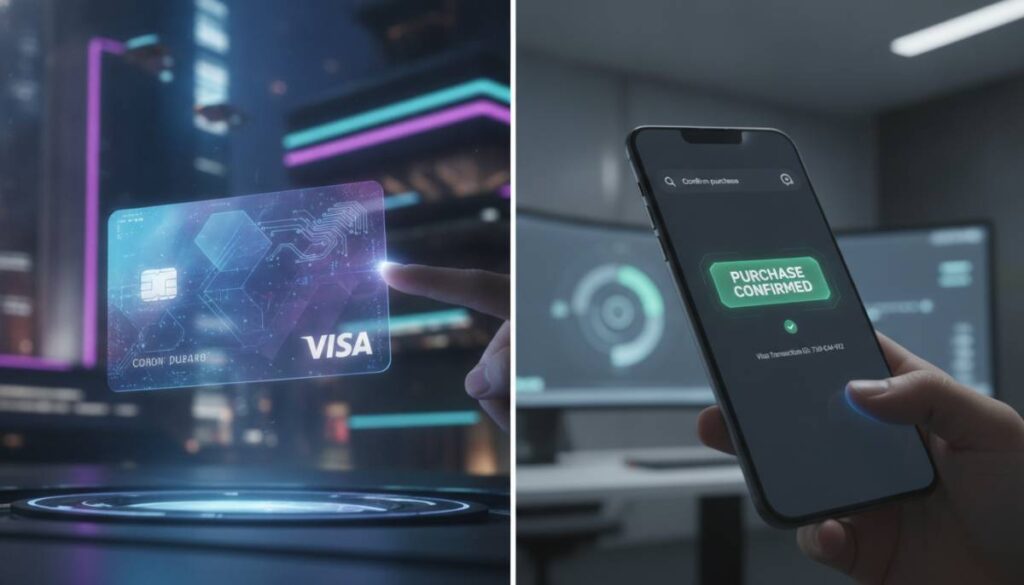 Голографическая карта Visa рядом со смартфоном, на экране которого подтверждена покупка через ChatGPT.
