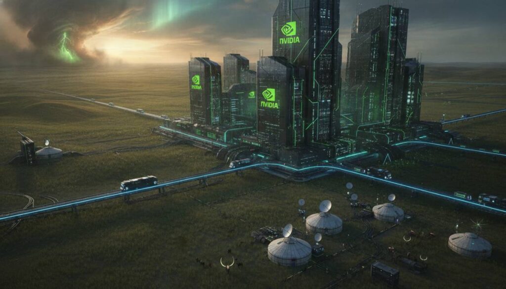 Футуристичный вычислительный кластер с логотипами Nvidia на фоне природы Казахстана.
