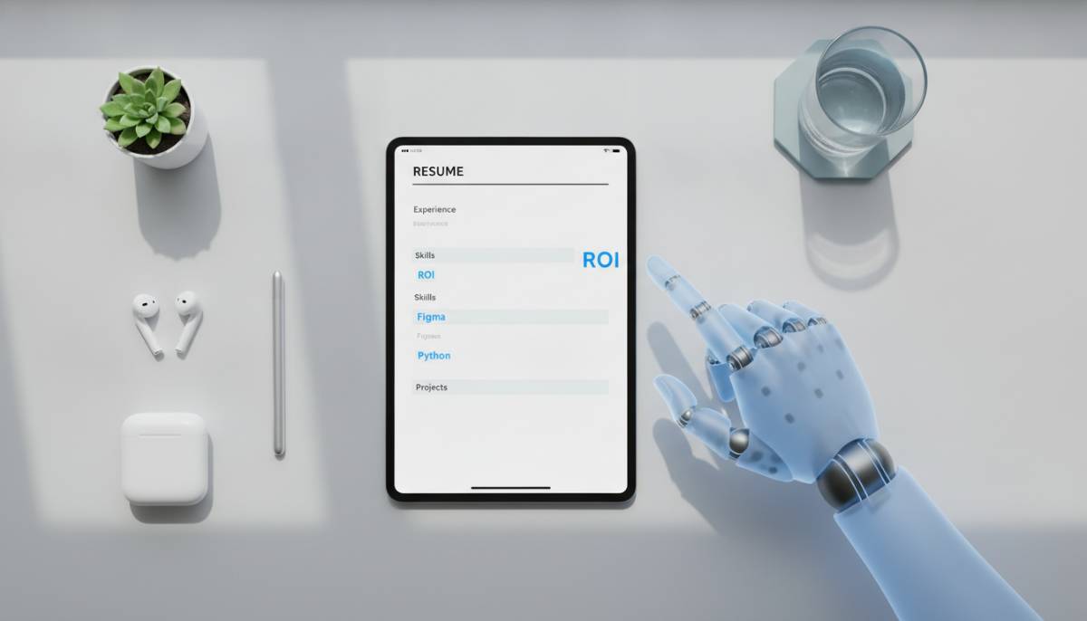Оптимизация резюме под алгоритмы Роботизированная рука указывает на правильно структурированное резюме на экране планшета.
