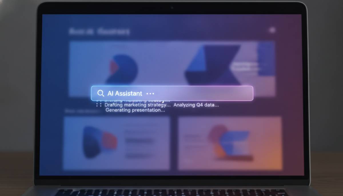 Использование Siri AI через Spotlight на Mac Строка поиска Spotlight на экране Mac с активным искусственным интеллектом поверх презентации