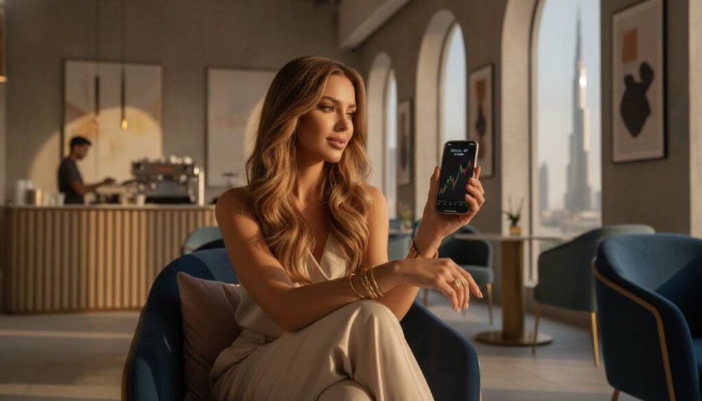 Реалистичная девушка, сгенерированная нейросетью, смотрит в смартфон с графиками дохода