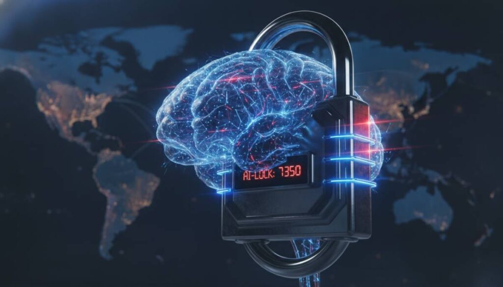Концептуальная иллюстрация блокировки искусственного интеллекта на фоне глобальной карты.