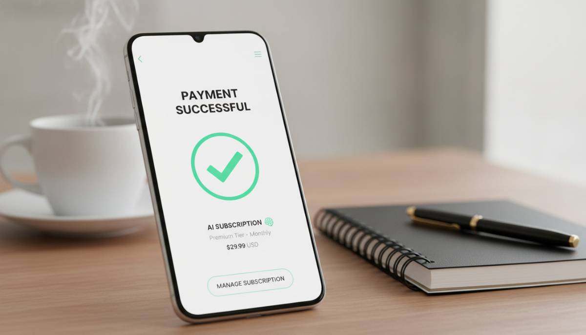Экран смартфона с подтверждением успешной оплаты ИИ-сервиса на рабочем столе фрилансера