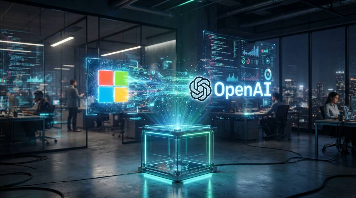 Противостояние ИТ-гигантов Логотипы Microsoft и OpenAI расходятся в разные стороны на фоне цифрового офиса.