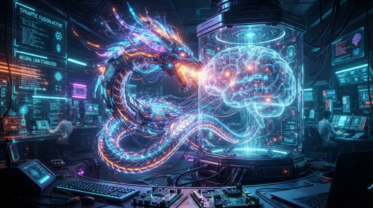 Китайская нейросеть Kimi K3 меняет правила игры на рынке искусственного интеллекта. Цифровой светящийся мозг в виде дракона, символизирующий мощь китайских нейросетей и технологий.