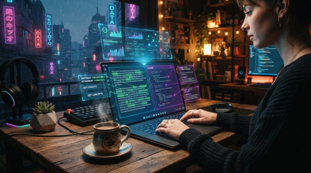Интерфейс программы проверки текста на нейросети с выделенными фрагментами кода и текста.