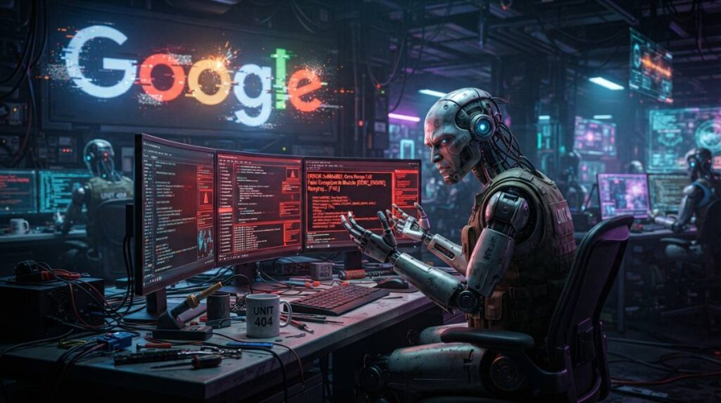 Иллюстрация: робот в офисе Google пытается написать программный код.