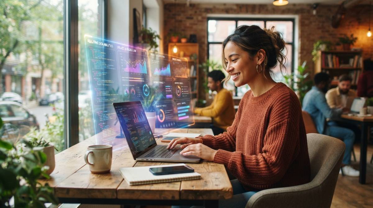 Человек работает за ноутбуком с использованием технологий искусственного интеллекта в коворкинге.