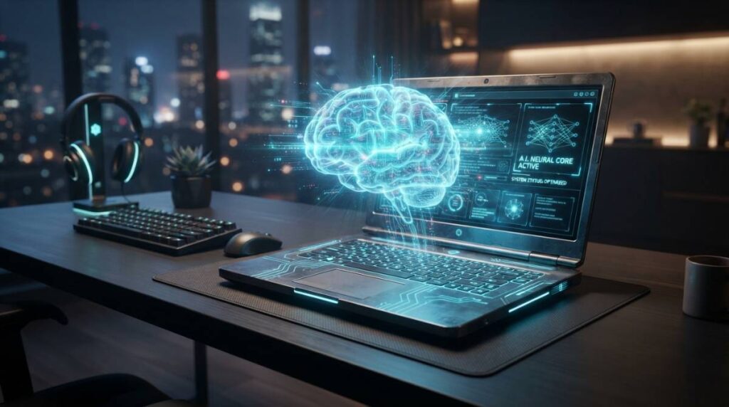 Футуристичный ноутбук с голограммой искусственного интеллекта, символизирующий мощь встроенного NPU.