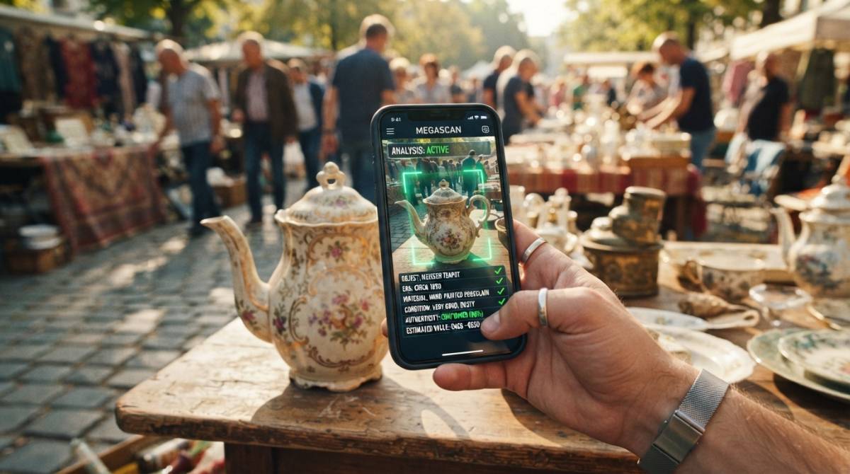 Человек использует нейросеть на смартфоне для оценки старинного чайника на блошином рынке