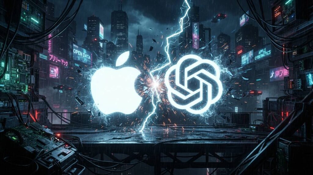 Светящиеся логотипы Apple и OpenAI, разделенные трещиной, символизирующие судебный конфликт.