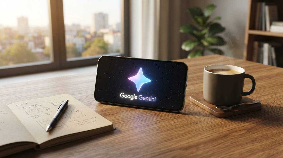 Современный айфон на деревянном столе с логотипом Gemini на экране, символизирующий новую эпоху Siri.