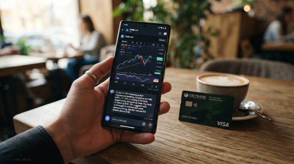 Использование смартфона и искусственного интеллекта для анализа личных финансов за чашкой кофе.