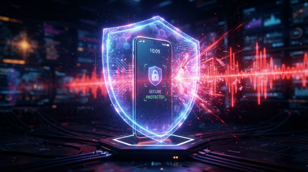 Цифровой щит вокруг смартфона, символизирующий защиту от телефонных мошенников