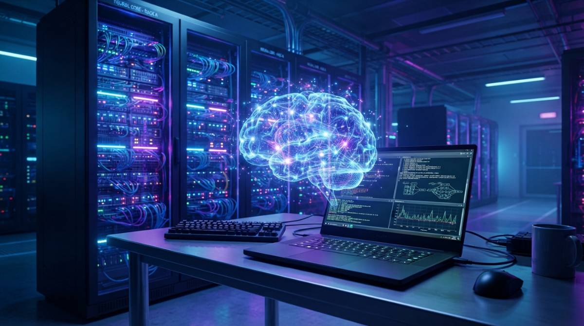 Футуристичная серверная стойка с голограммой искусственного интеллекта и ноутбуком.