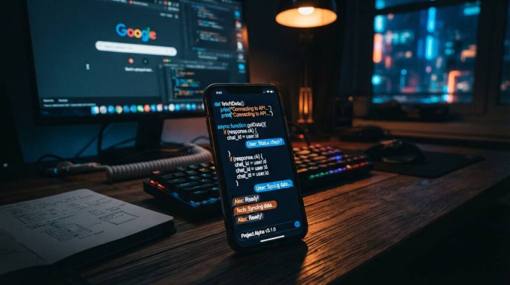 Экран смартфона с открытым чатом нейросети на фоне ноутбука с поисковой строкой.