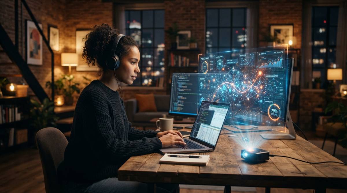 Специалист работает за ноутбуком, интегрируя искусственный интеллект в рабочие процессы компании