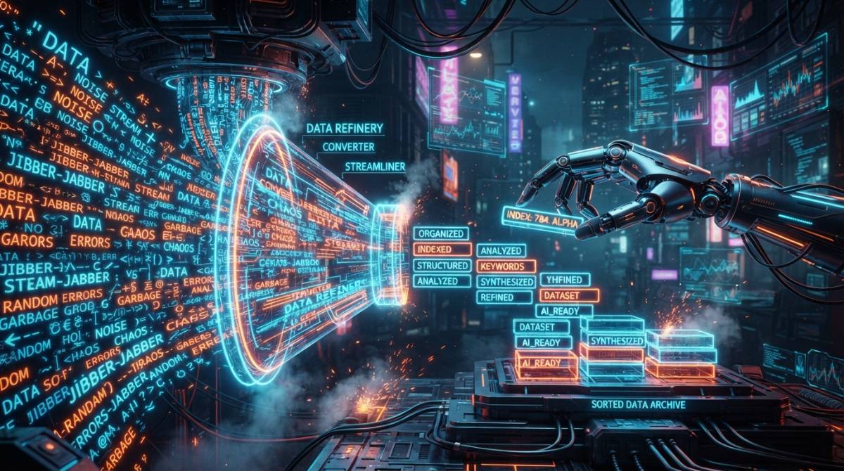 Роботизированная рука структурирует текстовые данные в футуристической воронке