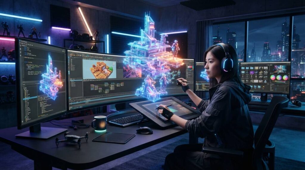 Рабочее место современного дизайнера с голографическими 3D-моделями и интерфейсами нейросетей.