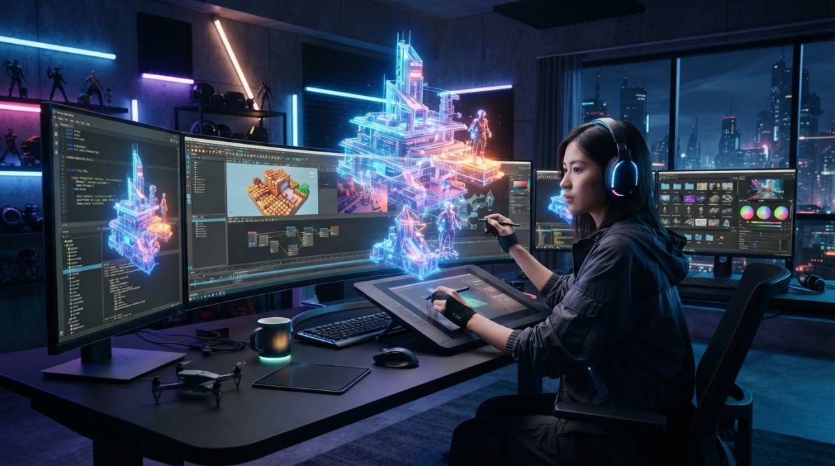Рабочее место современного дизайнера с голографическими 3D-моделями и интерфейсами нейросетей.