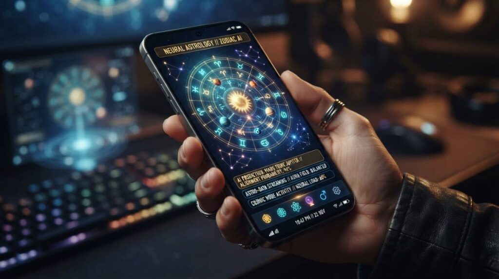 Смартфон с футуристичным интерфейсом, объединяющим нейросети и астрологию