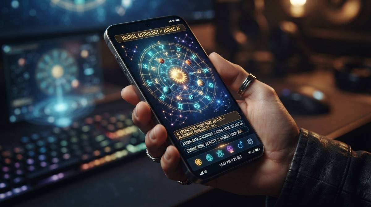 Смартфон с футуристичным интерфейсом, объединяющим нейросети и астрологию