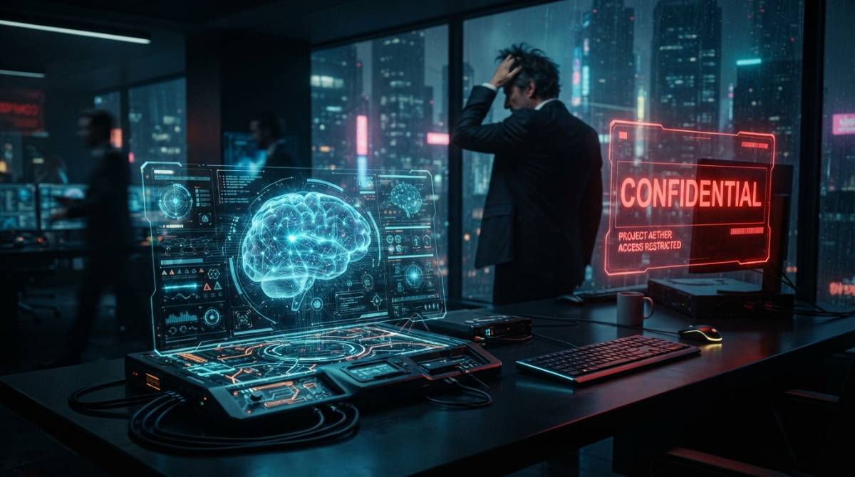 Светящийся искусственный интеллект на столе в корпоративном офисе, символизирующий утечку данных
