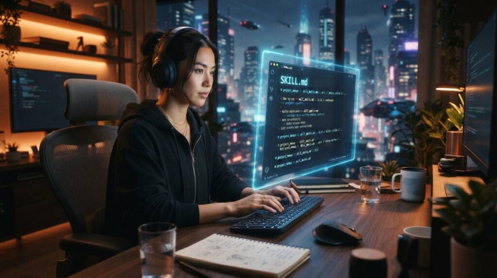 Интерфейс ChatGPT Skills на голографическом экране в современном офисе.
