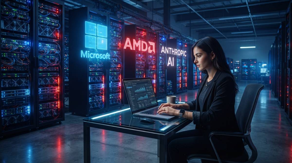 Футуристичная серверная комната, символизирующая партнерство Microsoft и AMD в сфере нейросетей.