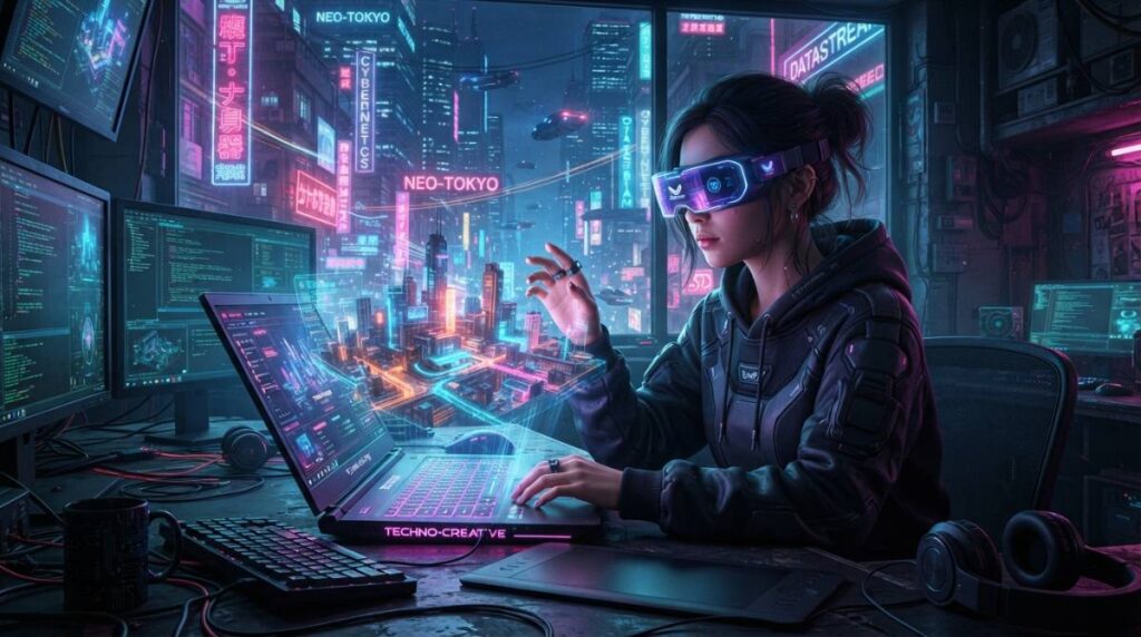 Цифровой художник генерирует 3D-мир с помощью искусственного интеллекта на ноутбуке.