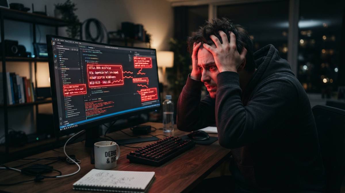 Разработчик в панике из-за ошибки доступа к API Программист смотрит на монитор с красными ошибками доступа к коду нейросети.