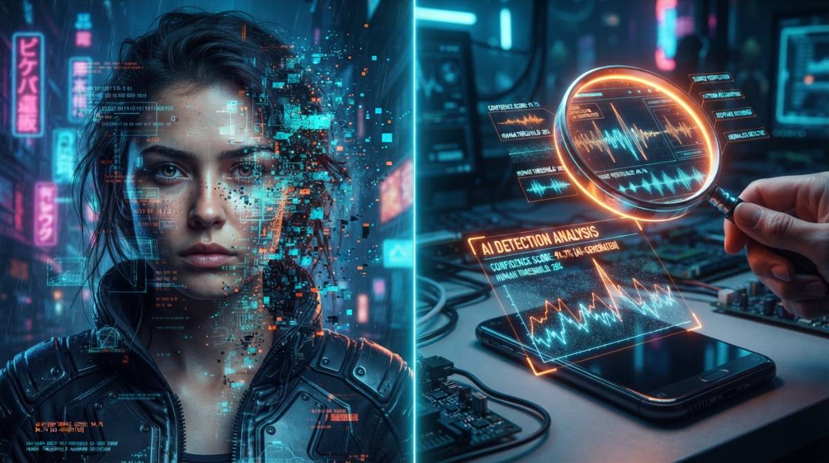 Изображение лица человека с цифровыми глитчами и смартфона с запущенным детектором нейросетей для проверки на дипфейк.