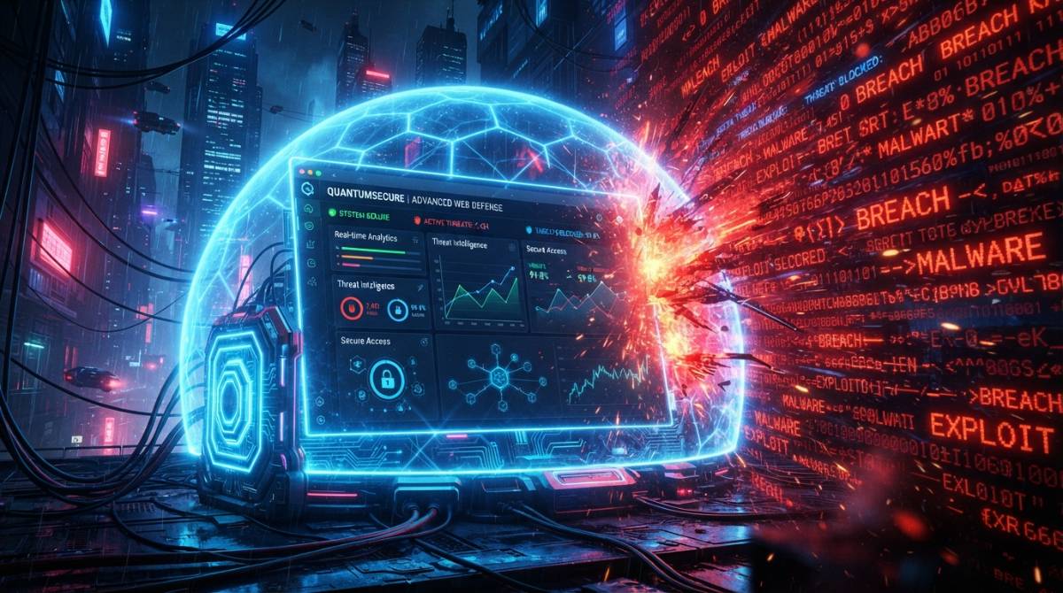 Неоновый щит защищает интерфейс сайта от красных потоков вредоносного кода, символизируя кибербезопасность.