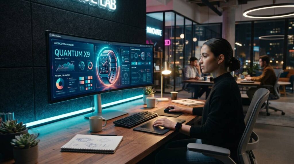Монитор с ярким коммерческим дизайном, созданным с помощью нейросети Midjourney 8.2.