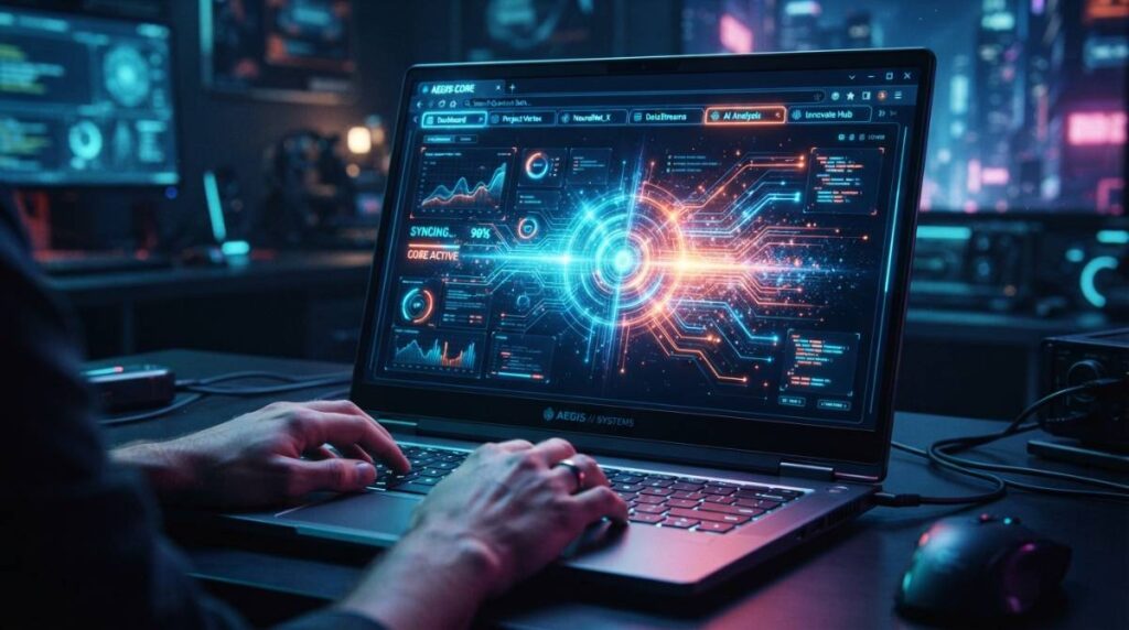 Светящийся экран ноутбука, демонстрирующий работу ИИ-браузера Perplexity Comet с множеством вкладок.