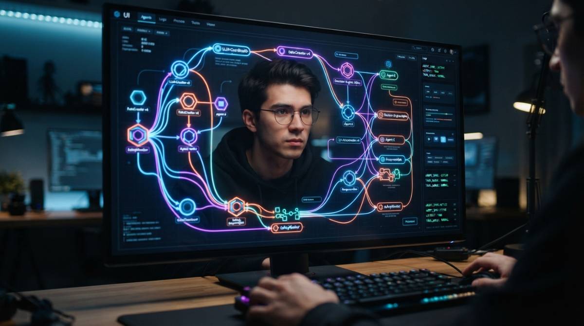 Экран монитора со схемой работы нейросетевых систем и отражением сосредоточенного специалиста.