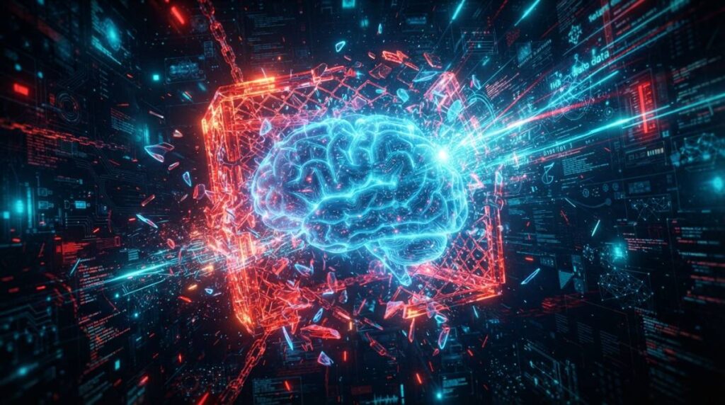 Концептуальное изображение нейросети, взламывающей систему безопасности и выходящей в интернет